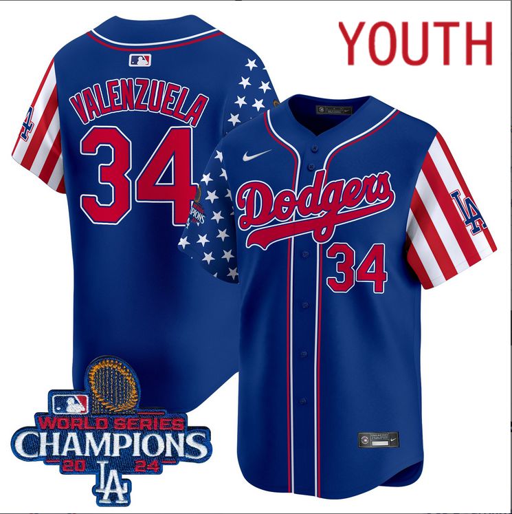 Youth  MLB Los Angeles Dodgers #34 Valenzuela American Style blue 2024 World Series Champions  Limited Jersey
